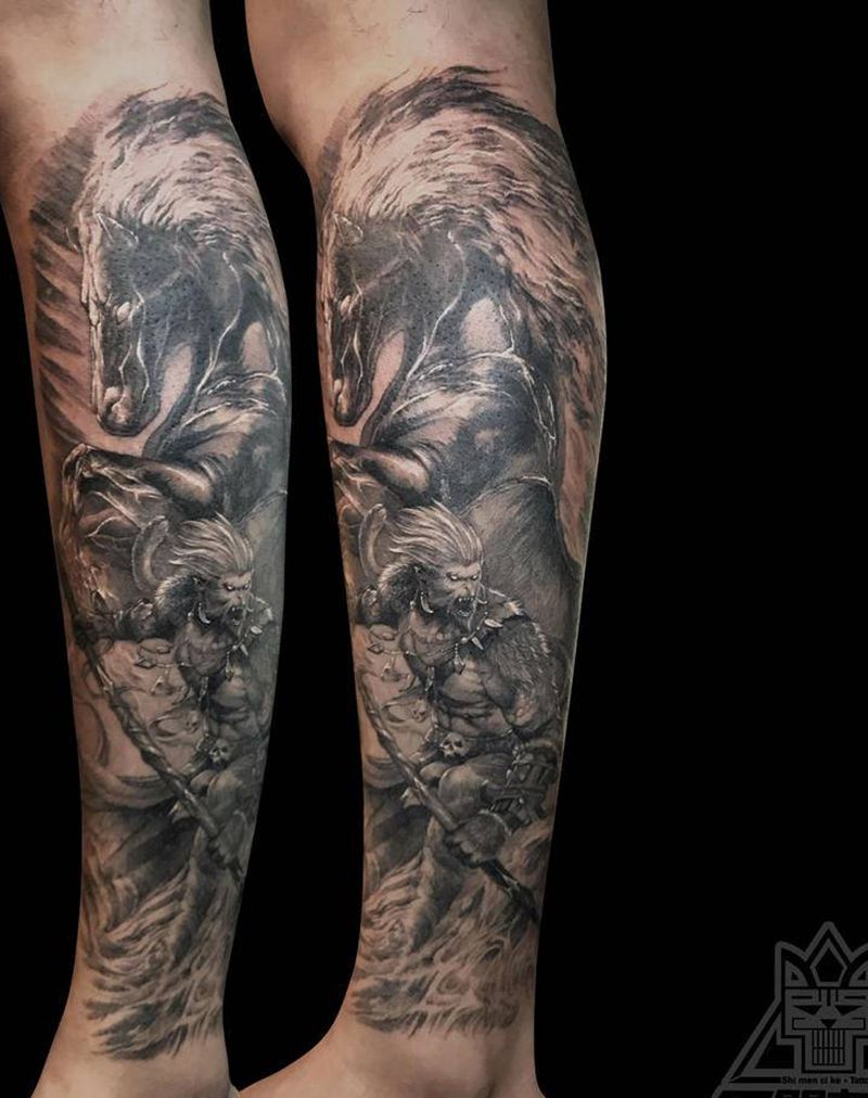 焰马&战猴纹身图片_腿部欧美写实马斗战胜佛孙悟空纹身图案