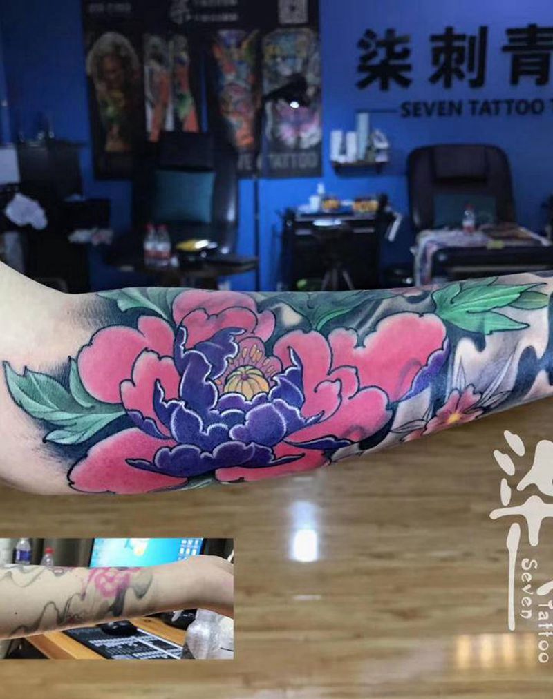 牡丹·彩纹身图片_手臂新传统纹身图案