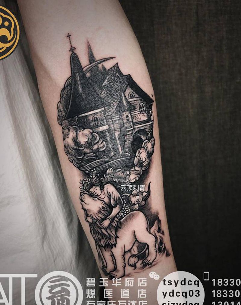 暗黑系城堡遮盖老纹身纹身图片_手臂New School城堡纹身图案