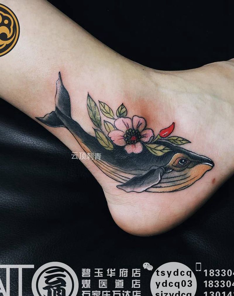 鲸鱼 遮盖纹身图片_腿部New School鲸鱼纹身图案