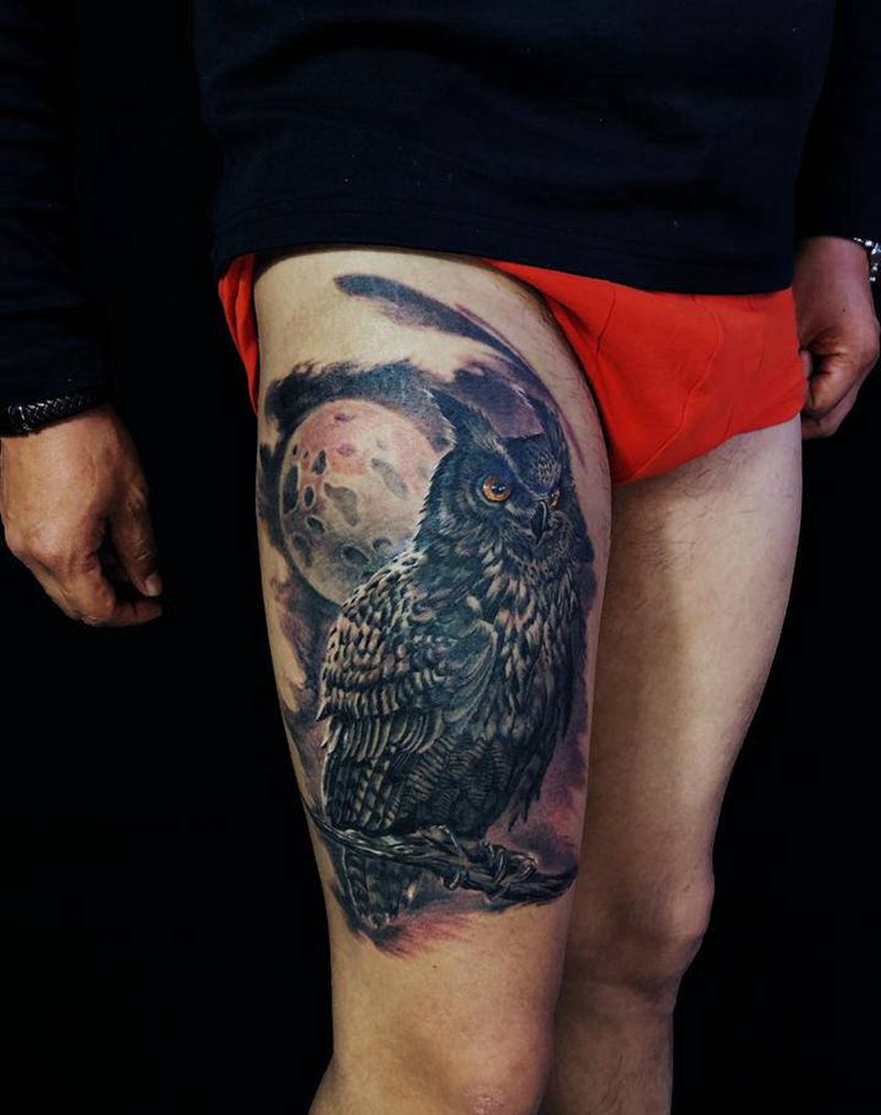 猫头鹰写实纹身图片_腹部腿部欧美写实纹身图案