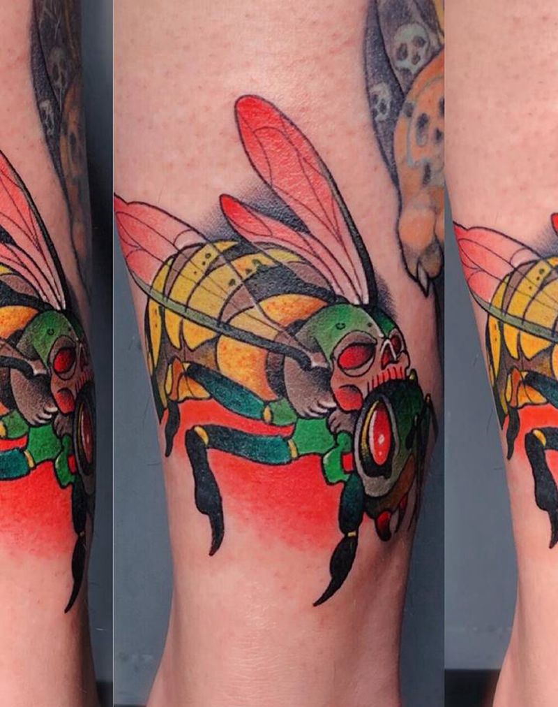 蜜蜂纹身图片_腿部New School蜜蜂纹身图案