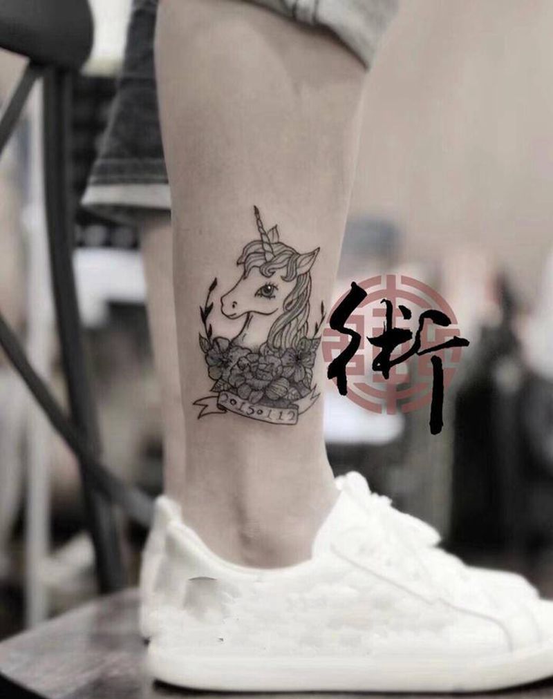 遮盖独角兽纹身图片_腿部纹身图案