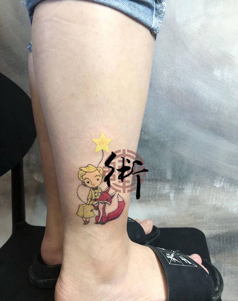 小王子和狐狸纹身图片_腿部水彩纹身图案