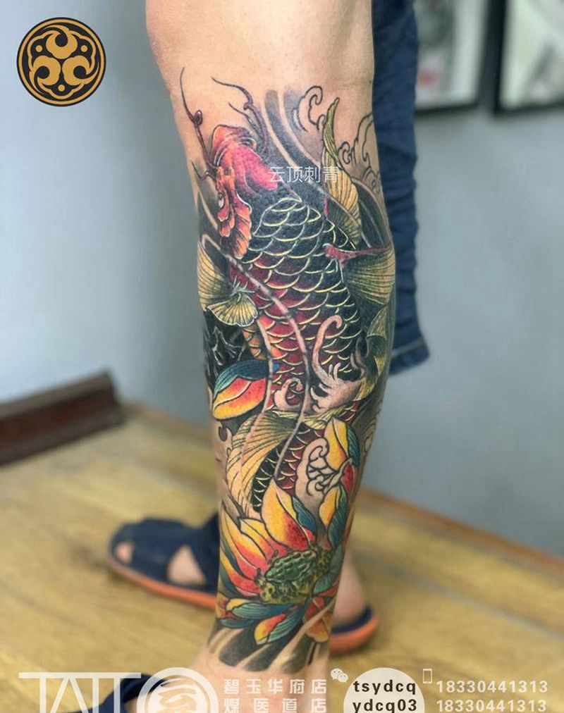 传统鱼遮盖老纹身纹身图片_腿部新传统鱼纹身图案