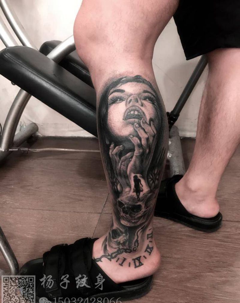欧美人物纹身图片_腿部欧美写实纹身图案