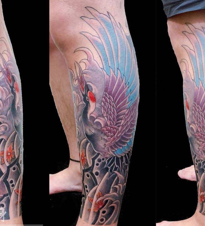 仙鹤包小腿纹身图片_腿部老传统纹身图案