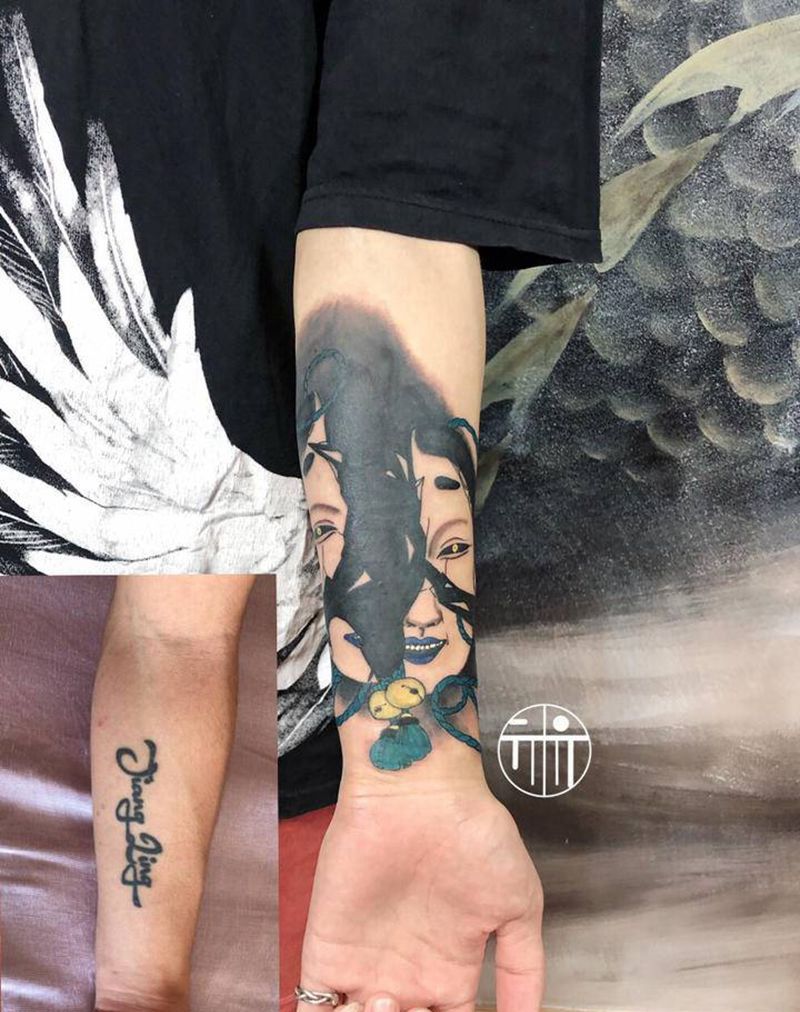 能面遮盖纹身图片_手臂新传统老传统能面遮盖传统纹身图案