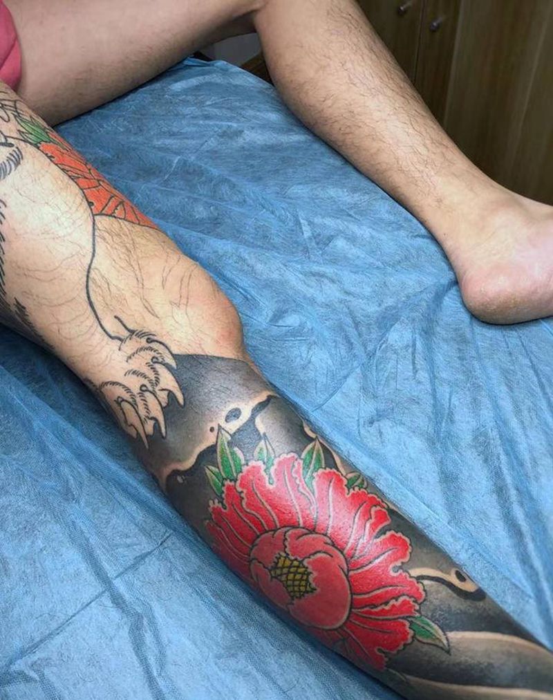 花腿进度纹身图片_腿部老传统新传统纹身图案