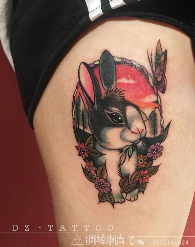 兔子纹身图片_腿部纹身图案