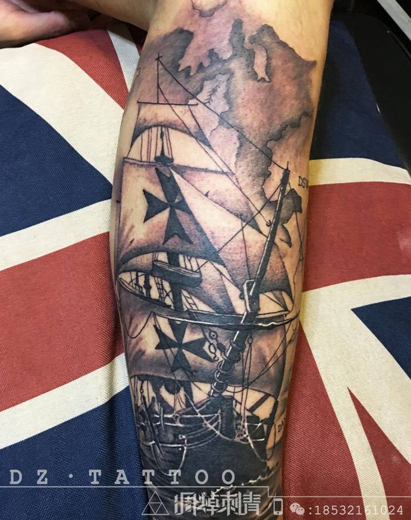 帆船纹身图片_腿部欧美写实纹身图案