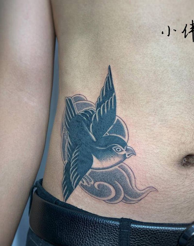 遮盖作品纹身图片_腹部腰部老传统点刺纹身图案