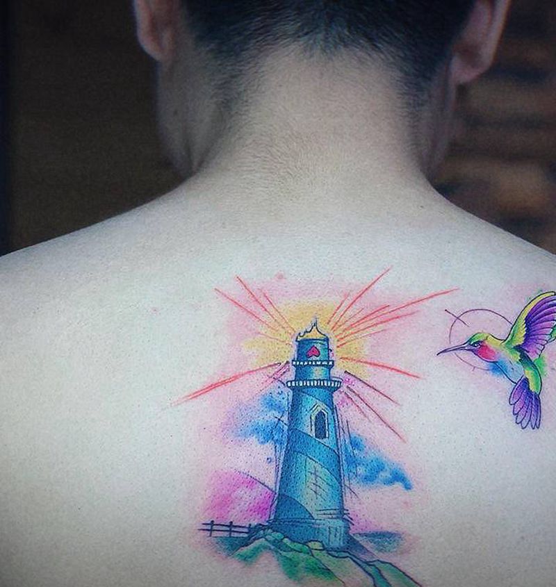 指路得灯塔纹身图片_颈部背部New School水彩纹身图案