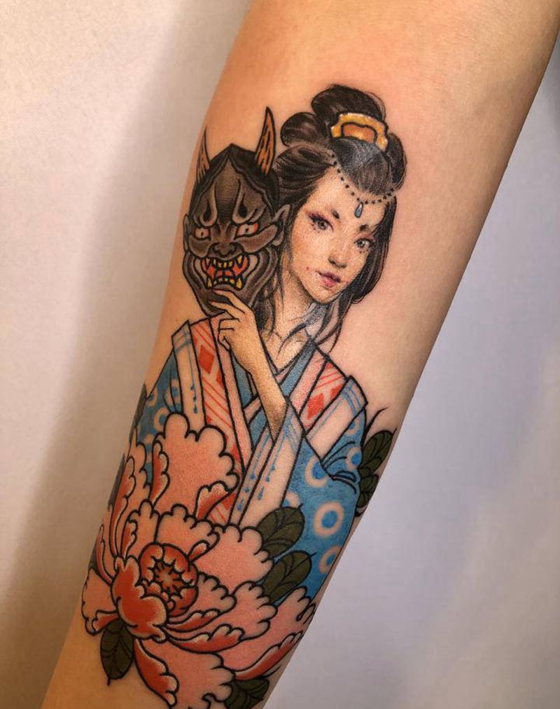 纯手绘艺伎纹身图片_手臂新传统纹身图案