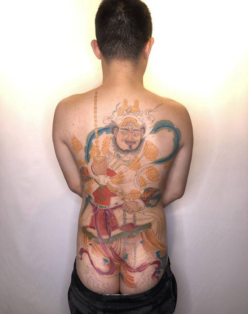 武财神赵公明纹身图片_背部新传统纹身图案
