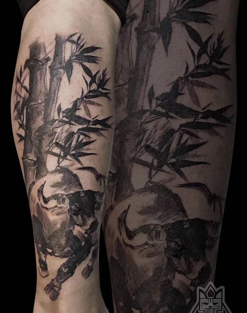 墨竹水牛纹身图片_腿部水墨小腿竹子牛纹身图案