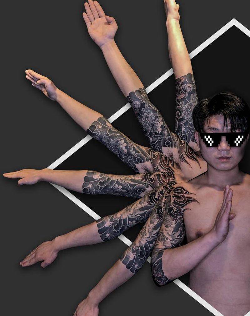 传统福袋7分袖纹身图片_手臂腿部老传统纹身图案