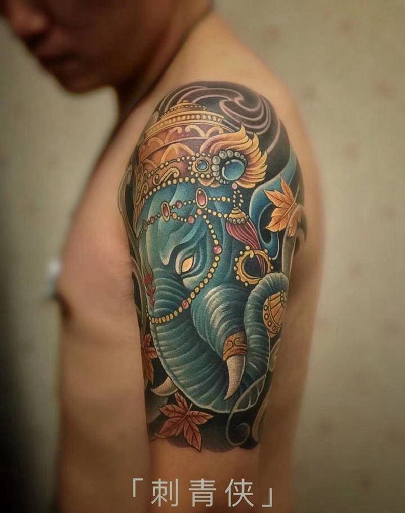象神纹身图片_手臂肩部新传统纹身图案