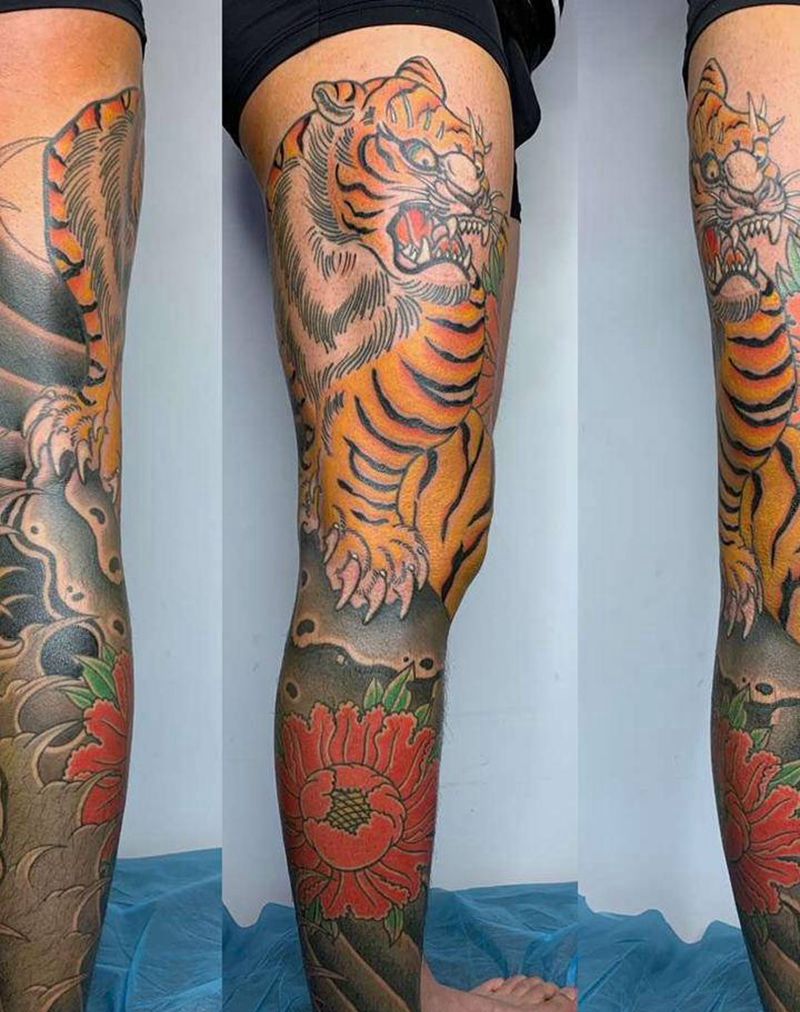 老虎牡丹纹身图片_腿部背部老传统新传统纹身图案