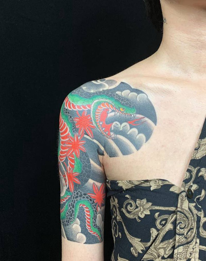 传统半胛纹身图片_手臂背部老传统纹身图案