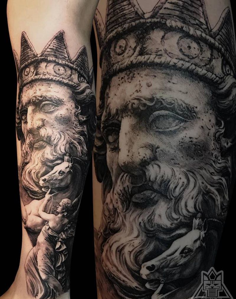海皇未完纹身图片_腿部欧美写实海神波塞冬纹身图案
