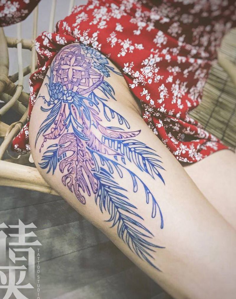 森系捕梦网纹身图片_腿部图腾纹身图案