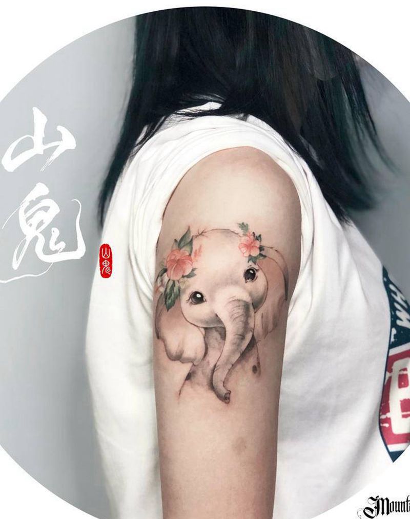 水彩小象纹身图片_手臂水彩象可爱小清新纹身图案