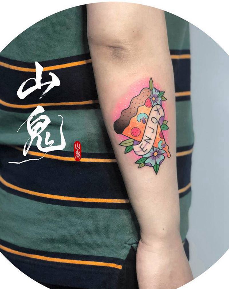 Pizza纹身图片_手臂New School披萨 可爱享受生活纹身图案