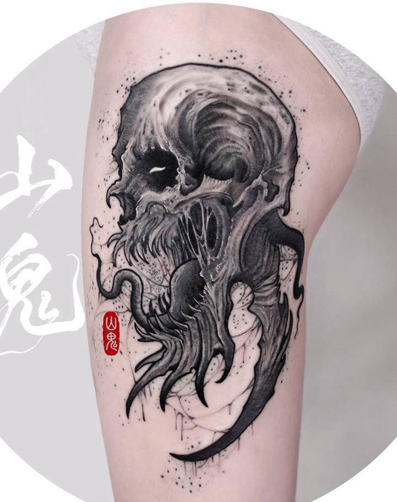 暗黑头骨纹身图片_腿部点刺欧美写实暗黑纹身图案