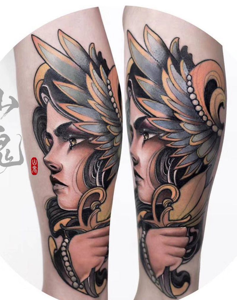 女郎纹身图片_腿部New School欧洲新传统女郎人物纹身图案