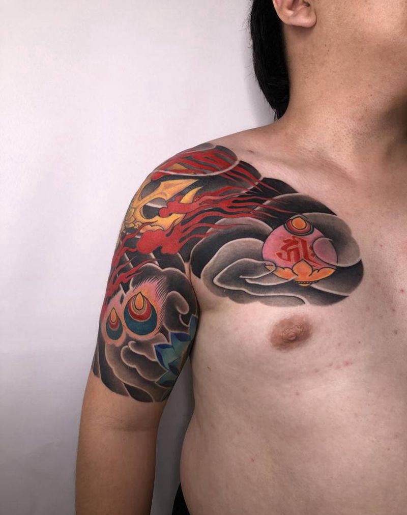 半胛金刚杵纹身图片_肩部手臂新传统老传统纹身图案