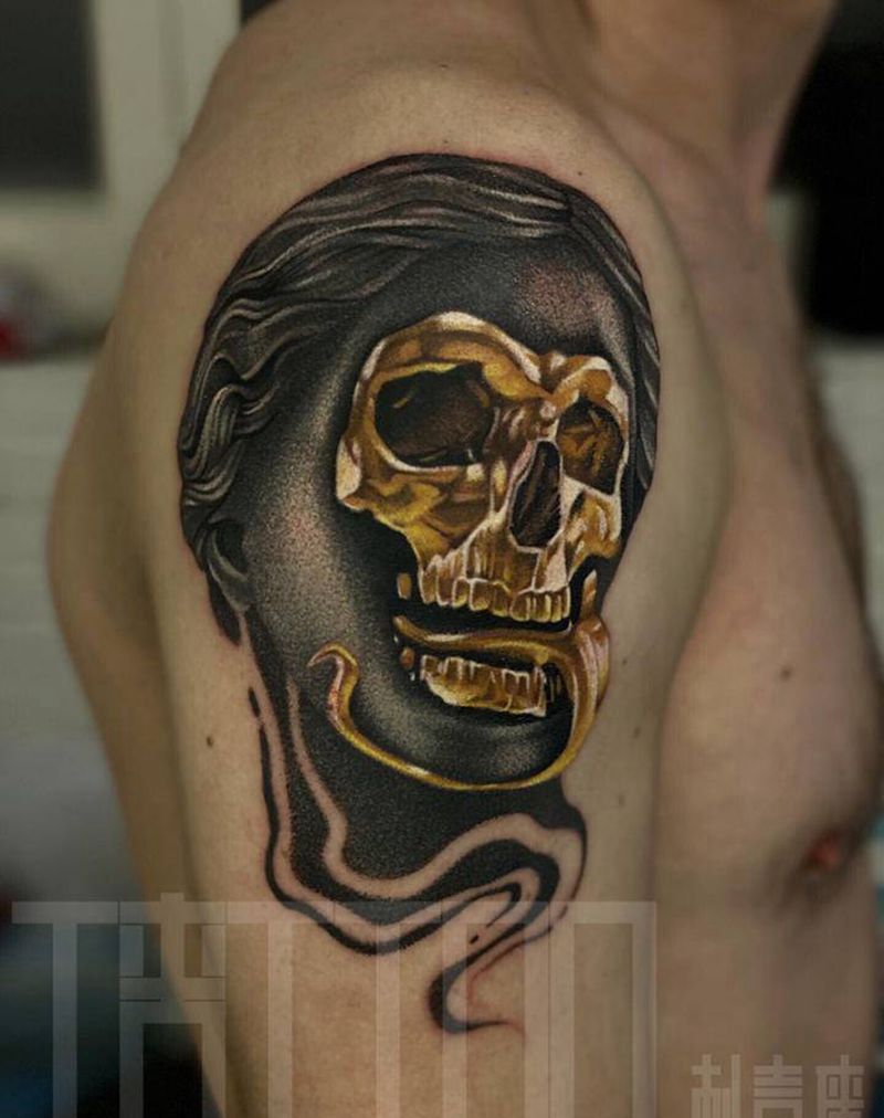 金面维纳斯纹身图片_手臂欧美写实纹身图案