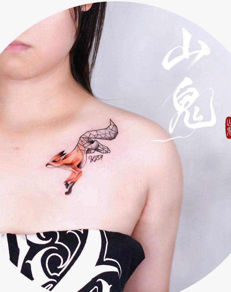 狐狸纹身图片_几何水彩纹身图案