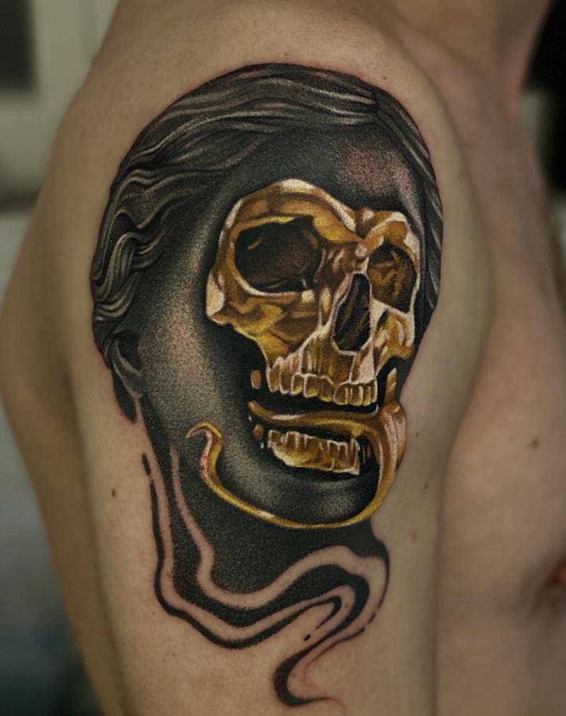 金面维纳斯纹身图片_手臂欧美写实维纳斯金色骷髅纹身图案