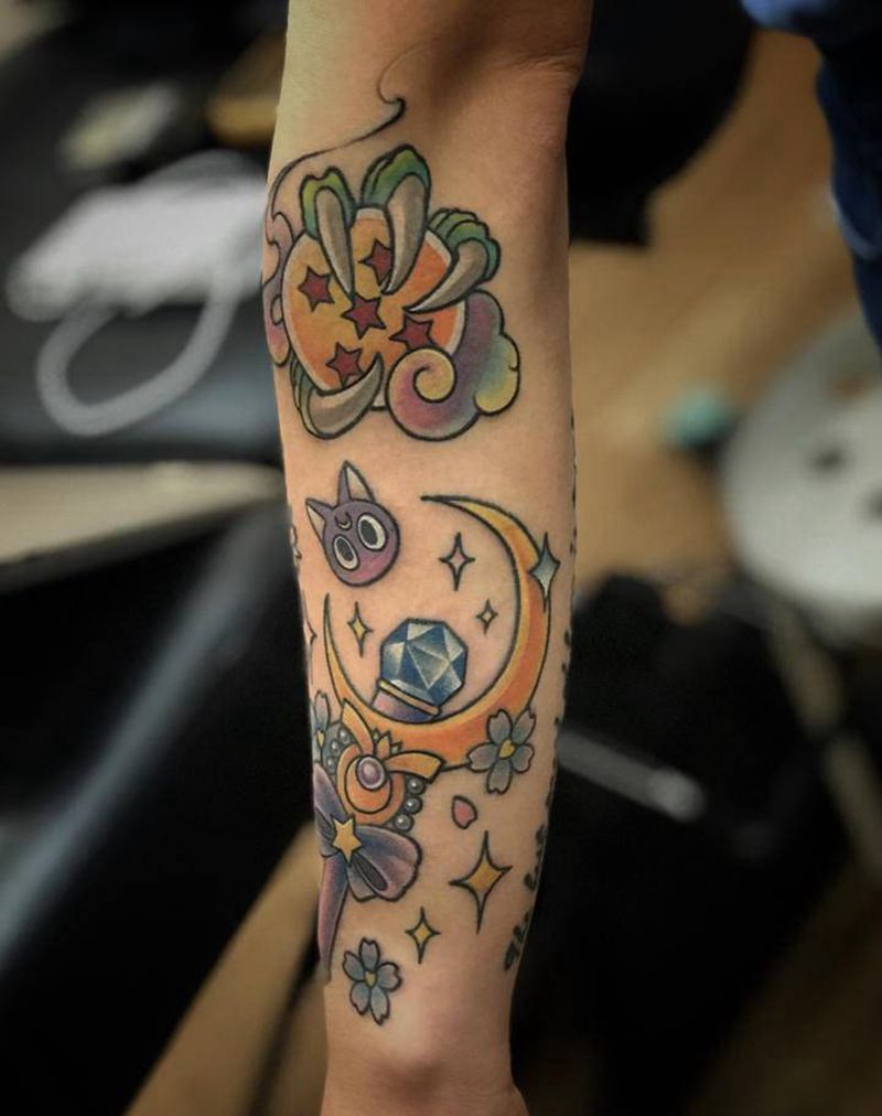 童年乐趣school风包臂纹身图片_手臂New School机器猫龙珠美少女纹身图案