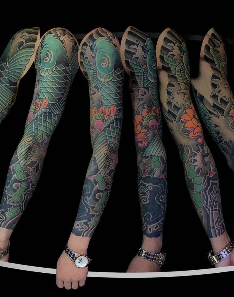 2年前手画的鲤鱼花臂纹身图片_手臂腿部老传统新传统纹身图案