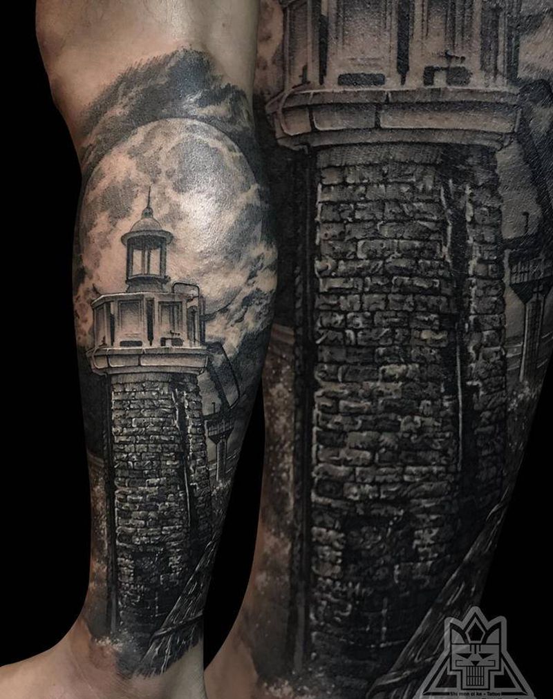 灯塔纹身图片_腿部欧美写实灯塔纹身图案