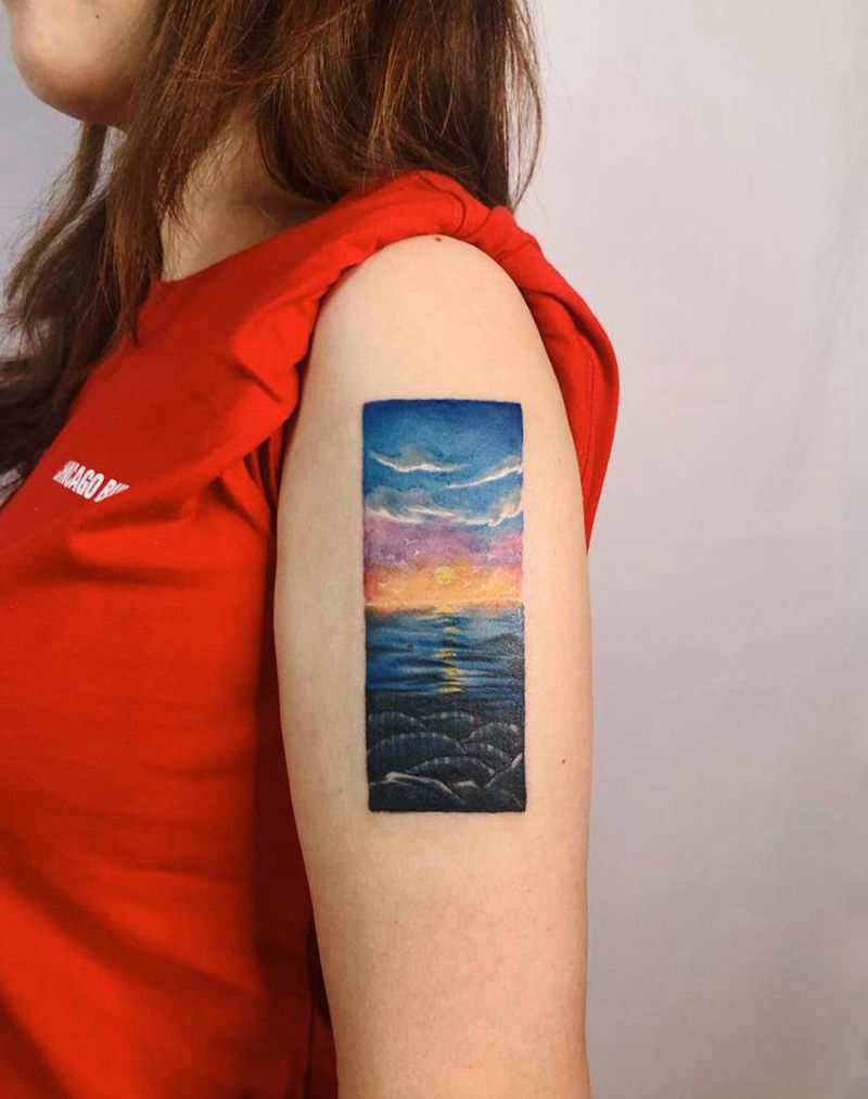 海上日出纹身图片_手臂腿部欧美写实水彩纹身图案