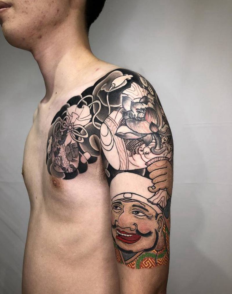 福神半胛进度纹身图片_肩部胸部老传统新传统纹身图案