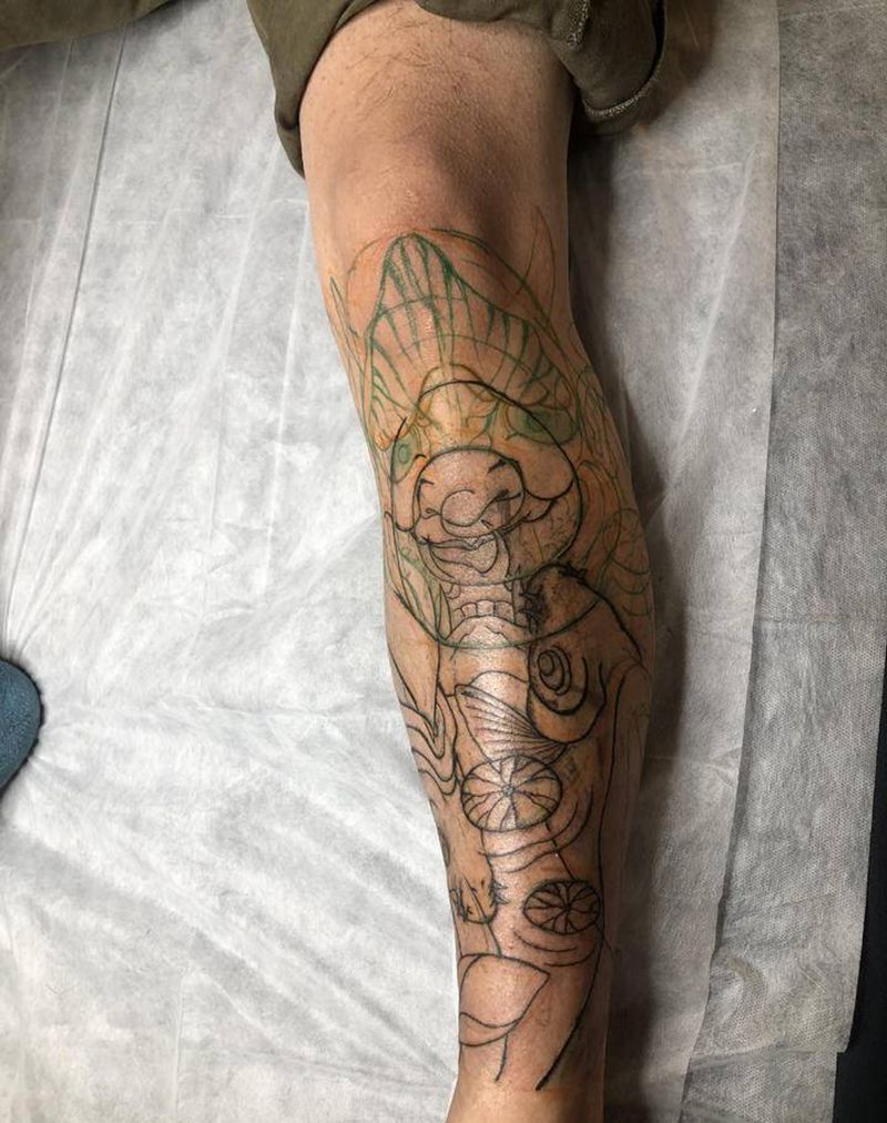 全手绘，尝试新的构图方式纹身图片_腿部手臂新传统老传统纹身图案