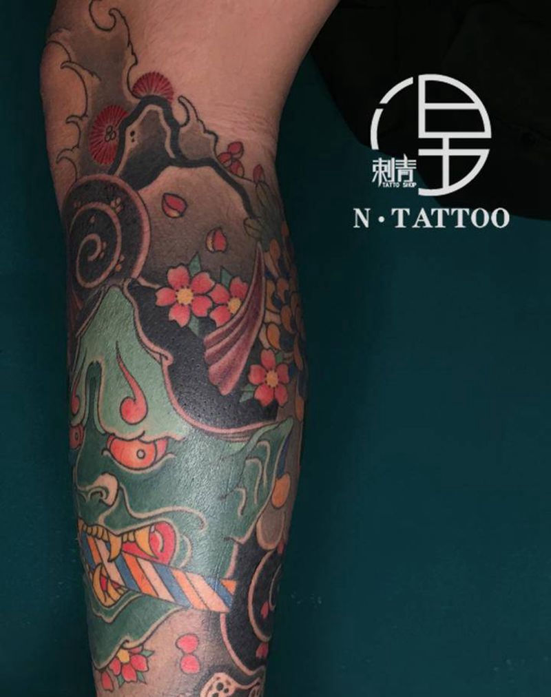 般若包小腿纹身图片_老传统纹身图案