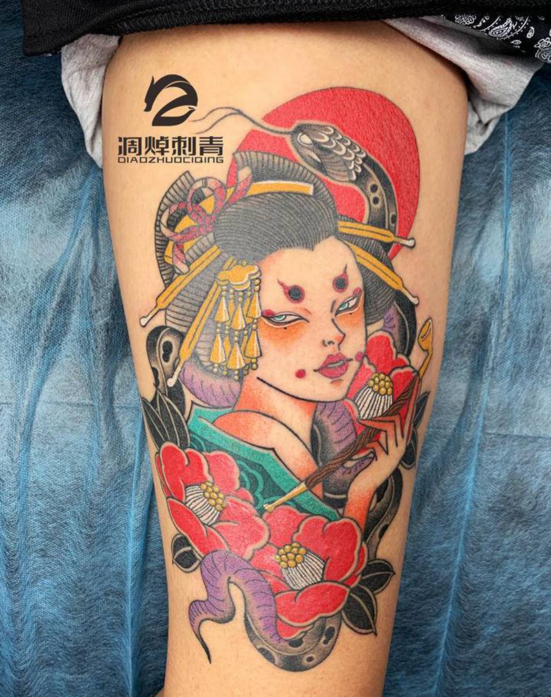 艺妓纹身图片_腿部纹身图案