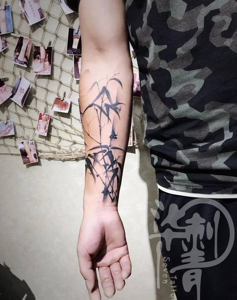 竹子纹身图片_手臂新传统水墨纹身图案