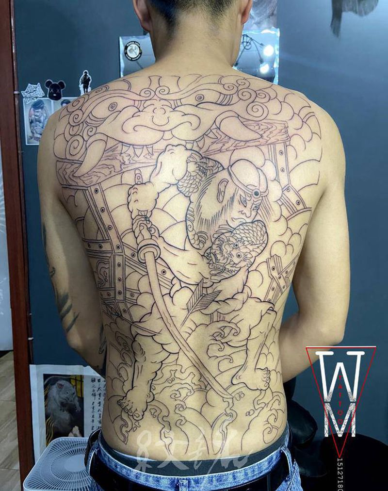张顺破水门纹身图片_背部老传统纹身图案