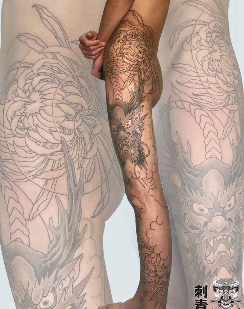 花腿龙，未完成纹身图片_臀部腿部新传统老传统纹身图案