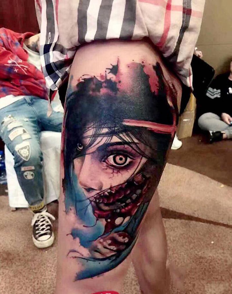 欧美彩色纹身图片_腿部欧美写实欧美人物纹身图案