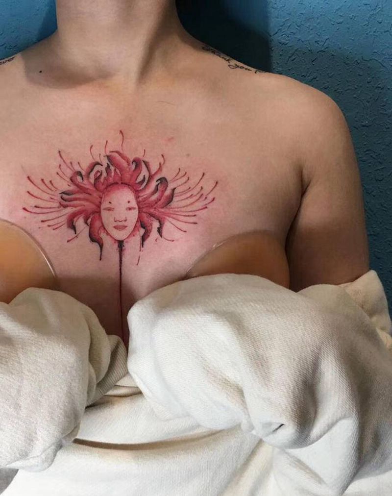 彼岸花纹身图片_胸部水彩彼岸花能面纹身图案