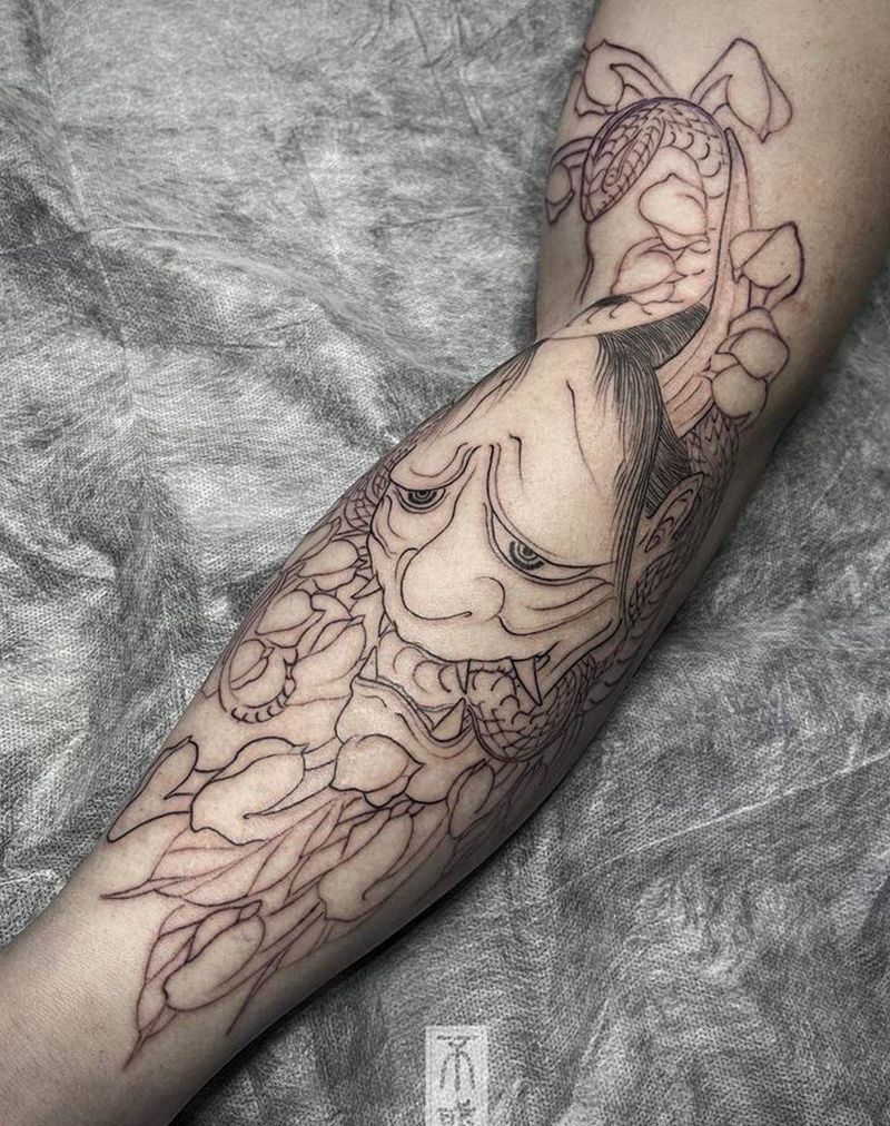 般若与蛇纹身图片_手臂新传统老传统般若蛇纹身图案