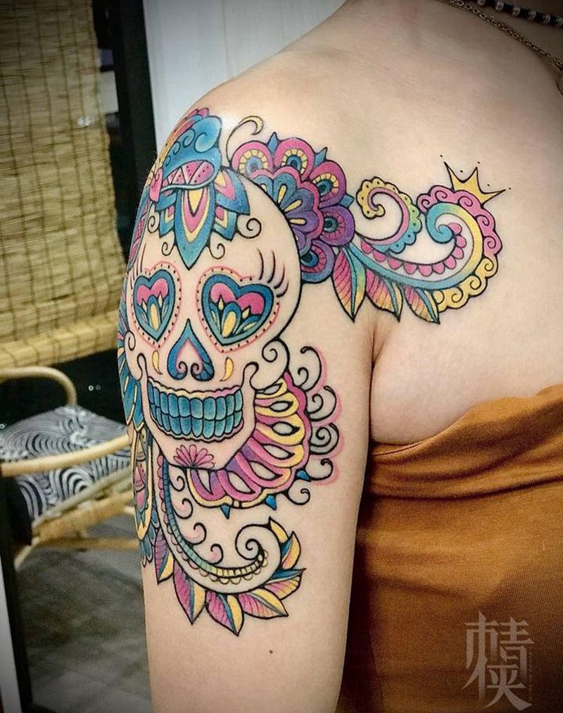 花骷髅纹身图片_肩部胸部New School纹身图案