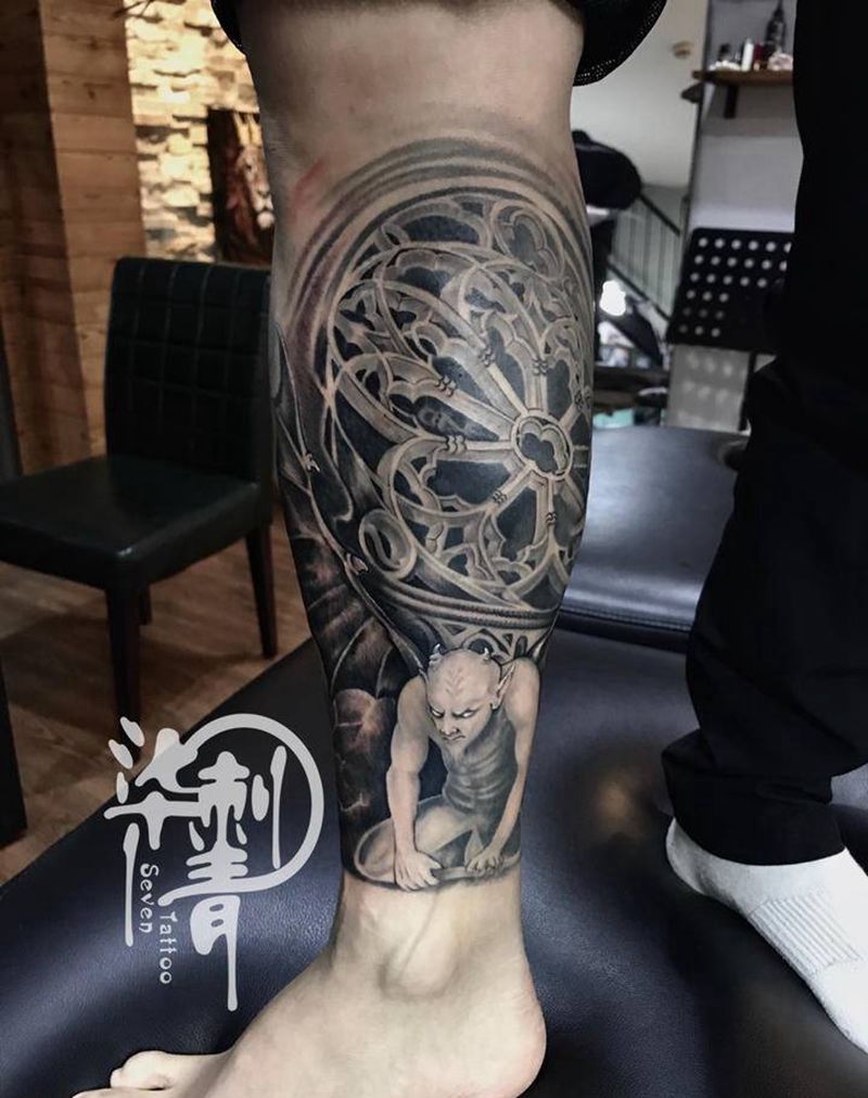 波塞冬包小腿纹身图片_腿部欧美写实纹身图案